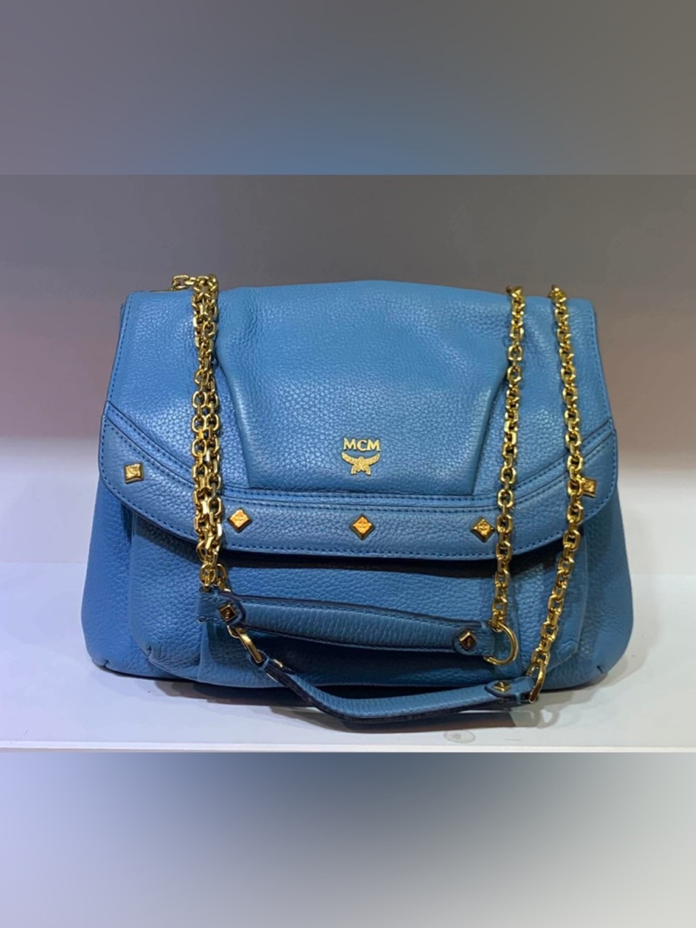 MCM Blue Pebbled Leather Shoulder Bag with Gold Chain